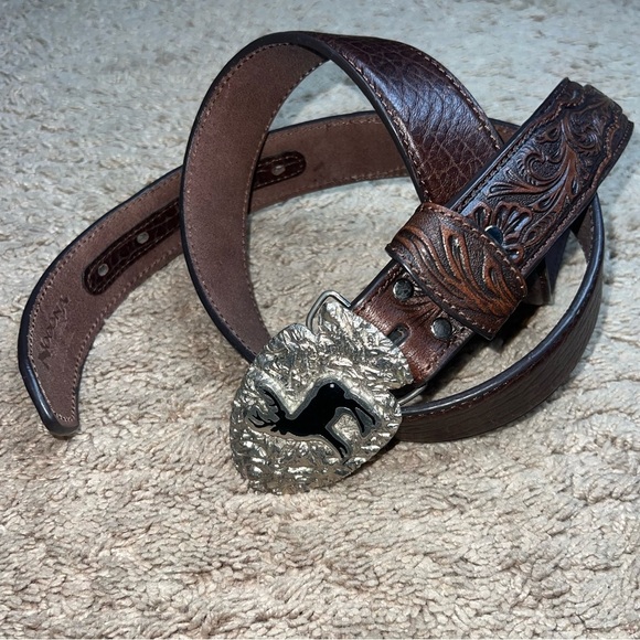 Nocona Belt Co Engraved Leather Western Belt with Deer Buckle Size 42 - Picture 5 of 7